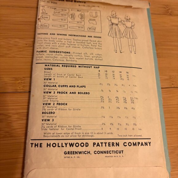Vintage 1940s Hollywood 1564 Girls Dress Sewing Pattern Size 8-16 - Picture 2 of 2